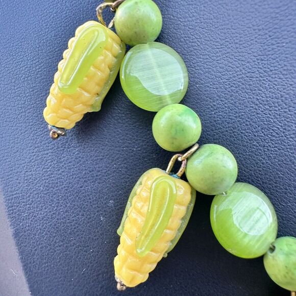 Vintage Glass Corn Necklace & Earrings Set Green Yellow Harvest Theme Vegetable - Picture 2 of 5